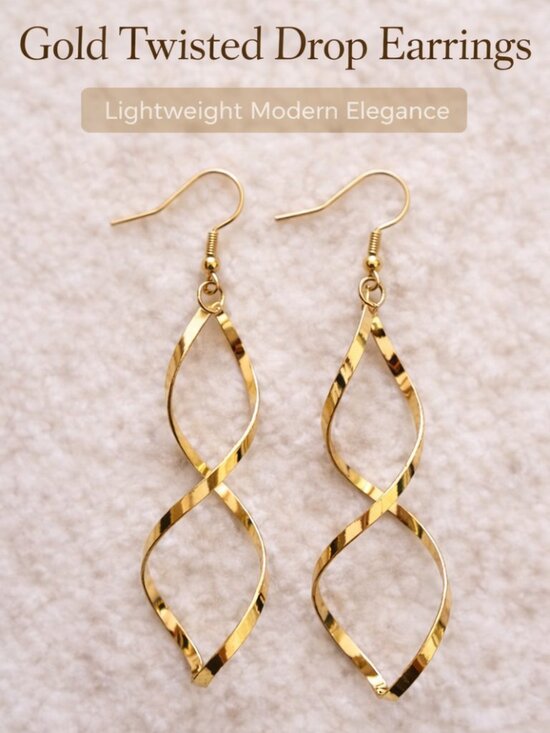 Jewelry - Gold Twisted Dangle Earrings | Hammered Metal Fishhook Drops | Lightweight